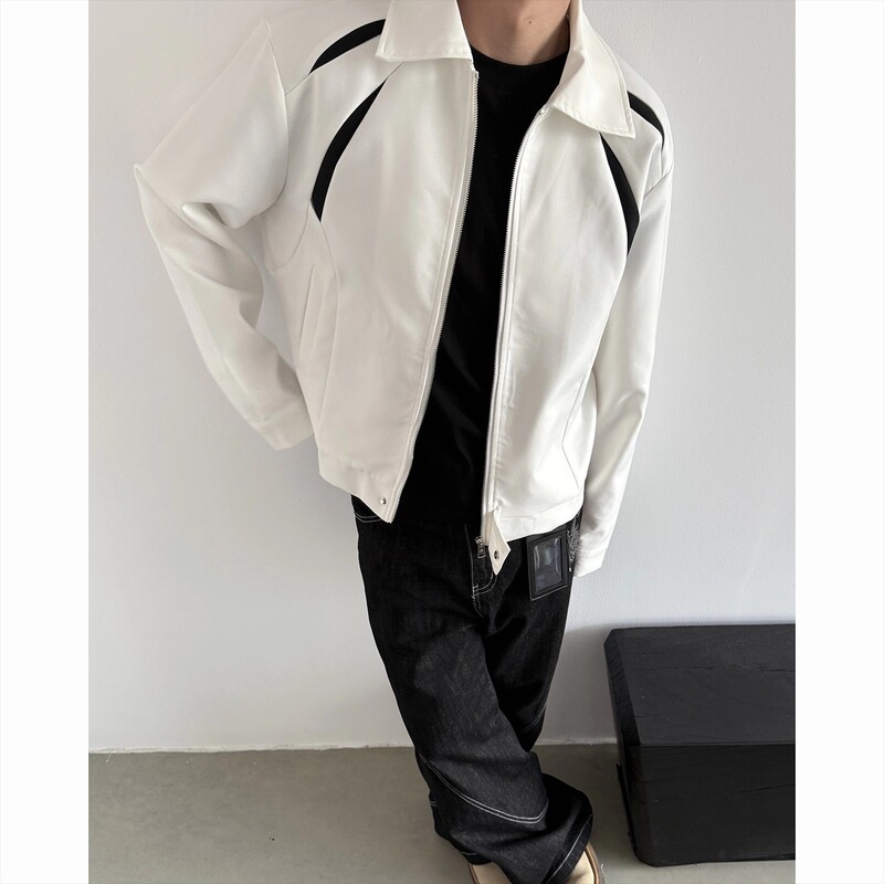 Black and White Patchwork Jacket by Zhenmei, American Style Versatile Cleanfit Patchwork Design Short Wide Jacket