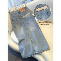 広州の商品の供給源の薄い金の後でフォークの半身のデニムのスカートの女性の夏の百合のA字の垂れ下がっている感じの高い腰の小さい背の中で長いスカート