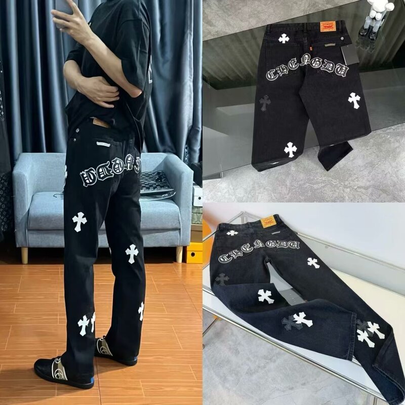 High Street American Style Ch Cro Pants Loose Trendy Brand Washed Long Pants Cross Pattern Straight Jeans Unisex Pants High Street American Style Ch Cro Pants Loose Trendy Brand Washed Long Pants Cross Pattern Straight Jeans Unisex Pants
