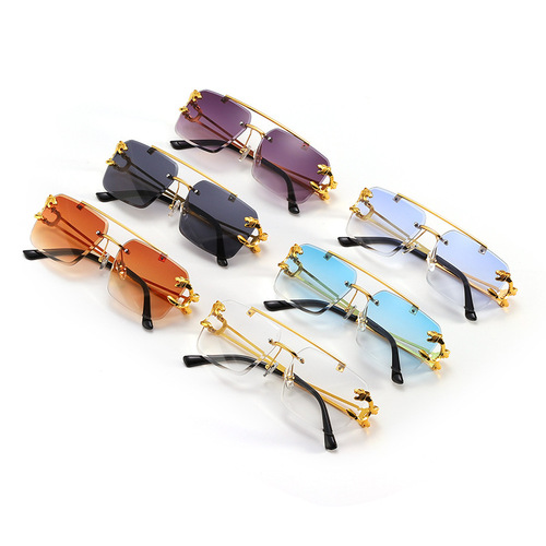 Unique Niche Double-Bridge Rimless Sunglasses with Diamond-Edge Design, Fashionable Retro Leopard-Head Decorative Sunglasses for Men and Women