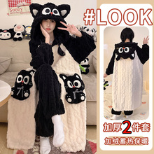跨境睡袍女士秋冬季新款珊瑚绒卡通黑猫中长款加厚睡袍套装家居服
