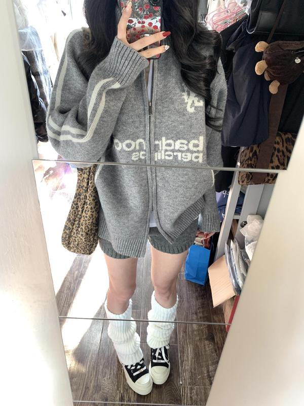 oversize！棒球风翻领拉链毛衣开衫女外套秋装新款韩版宽松针织衫|undefined