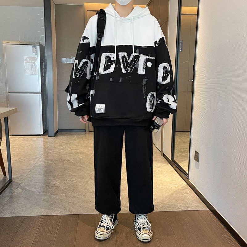 Los fabricantes de origen pueden personalizar el logotipo de los hombres jóvenes primavera y otoño moda suelta suéter con capucha suéter pantalones traje hombres