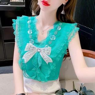 2025 New Summer Style Chic and Sweet Beaded Patchwork Shirt V-Neck Sleeveless Design Top for Women