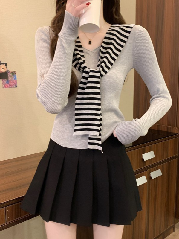 韩系海军领披肩针织打底衫女秋季设计感小众chic别致内搭短款上衣|undefined