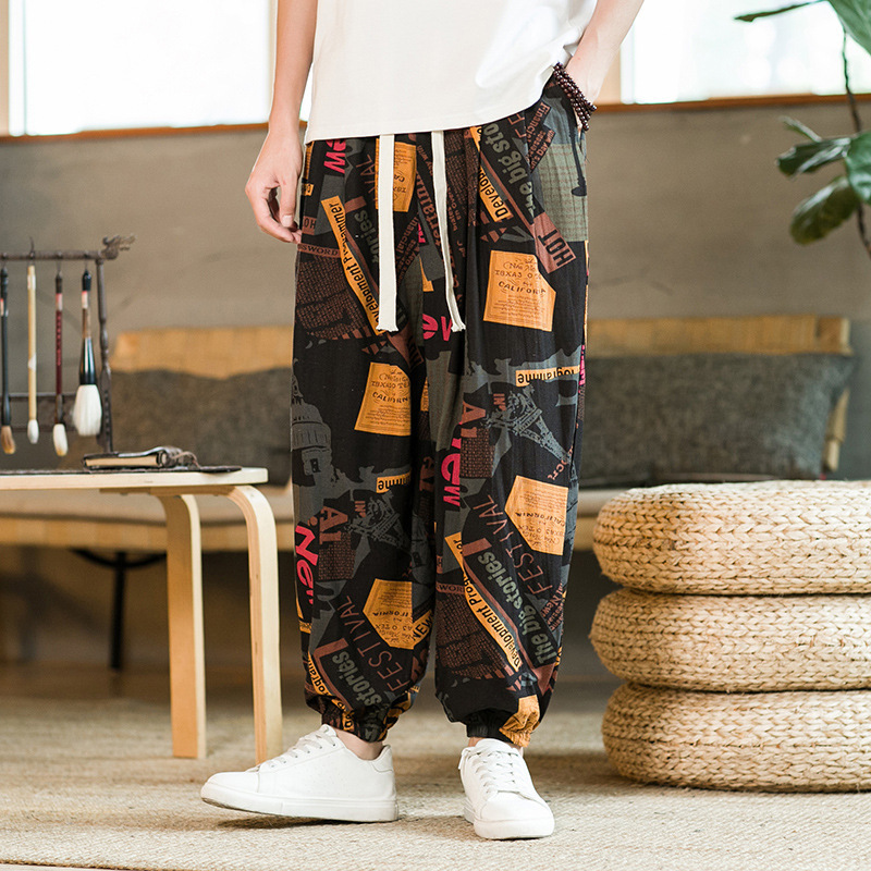 Letter Print Chinese Style Printed Summer Pants Men's Jogger Cropped Pants Loose Plus Size Men's Lantern Harem Pants