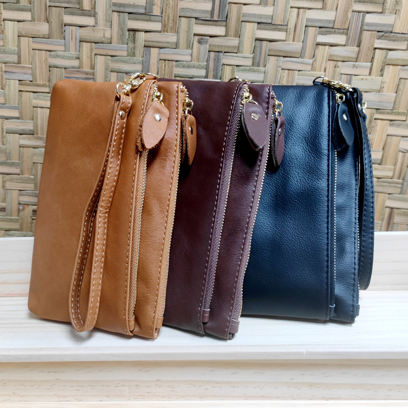 头层牛皮钱包 复古油皮手机包 三层拉链钱包 真皮手拿包厂家批发|ms