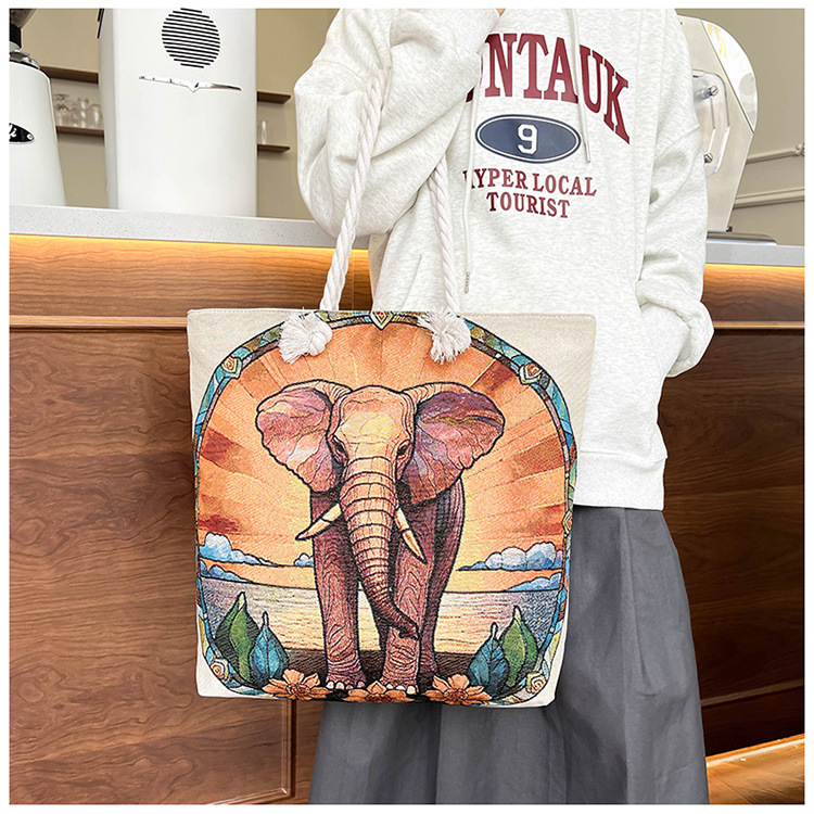 300g Weight Polyester Lining Material Zipper Closure Type Single Shoulder Strap Strap Type Tote Bag Bags Type Holiday, Travel Occasion Canvas Material Elephant Pattern All Seasons Season Women's Gender Ethnic Style, Classic Style Style Square Shape Medium Size Women's Medium Canvas Elephant Ethnic Style Classic Style Square Zipper Tote Bag 17