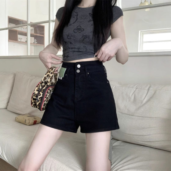 Solid Color Denim Shorts Women's High Waist 2025 Summer Thin Loose All-match Slimming Belly Covering Wide Leg Hot Pants