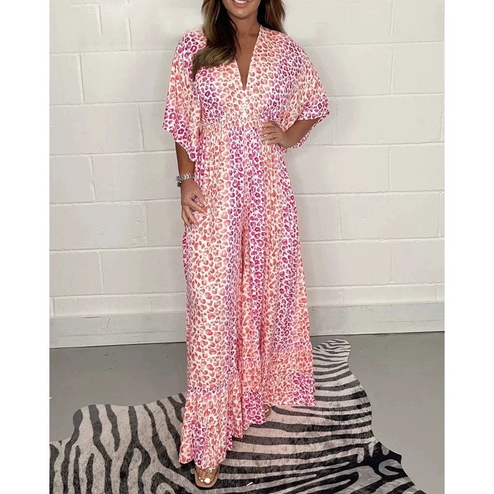 Трансграничный Amazon, новый летний длинный комбинезон с короткими рукавами и v-образным вырезом с принтом, женский комбинезон больших размеров с высокой талией, широкие ноги