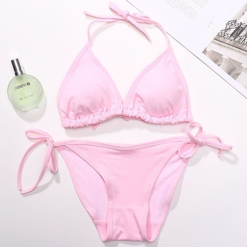 Single Piece/Set Pure Cotton Thin Strap Halter Bra Without Underwire Women's Push-Up Bikini Backless Lingerie