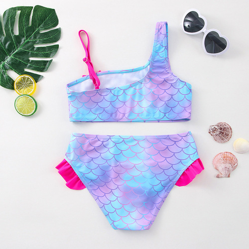 Bikini set for girls with oblique fish-scale print, new style separate bikini for children, swimsuit swimwear for girls