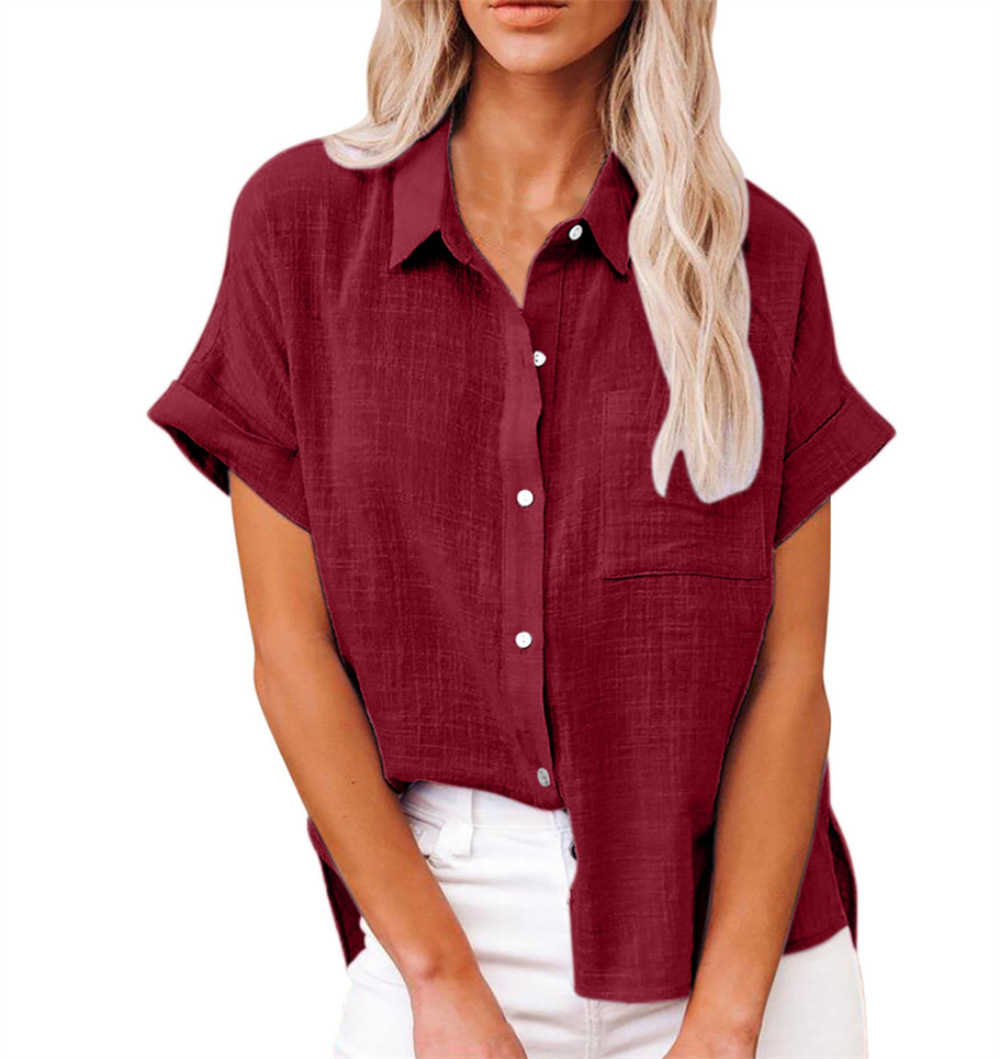 Women's Cotton Linen Short Sleeve Shirt With Pocket Spring/Summer Top For Commuter And Casual Wear_ecoleips.com