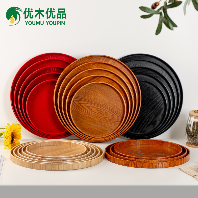 Factory Wholesale Wooden Round Tray Hotel Dinner Plate Household Water Cup Tea Tray Japanese Fruit Red Plate Distry Plate Factory Wholesale Wooden Round Tray Hotel Dinner Plate Household Water Cup Tea Tray Japanese Fruit Red Plate Distry Plate