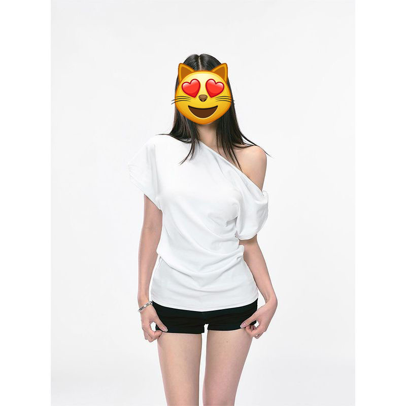 Women's Asymmetrical Neckline Short-Sleeve T-Shirt, Summer Design, Lazy Style, Loose Casual Off-Shoulder Top, Trendy