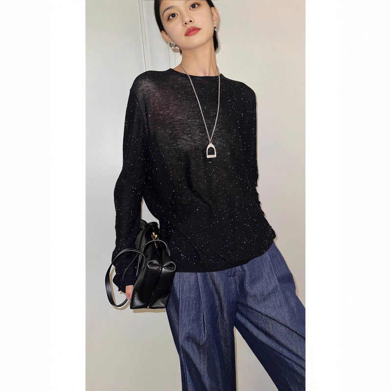 Radiant t] New Fabric ~ Water-Soluble Beads Mercerized Wool ~ Skinny See-Through Long-Sleeved T-Shirt