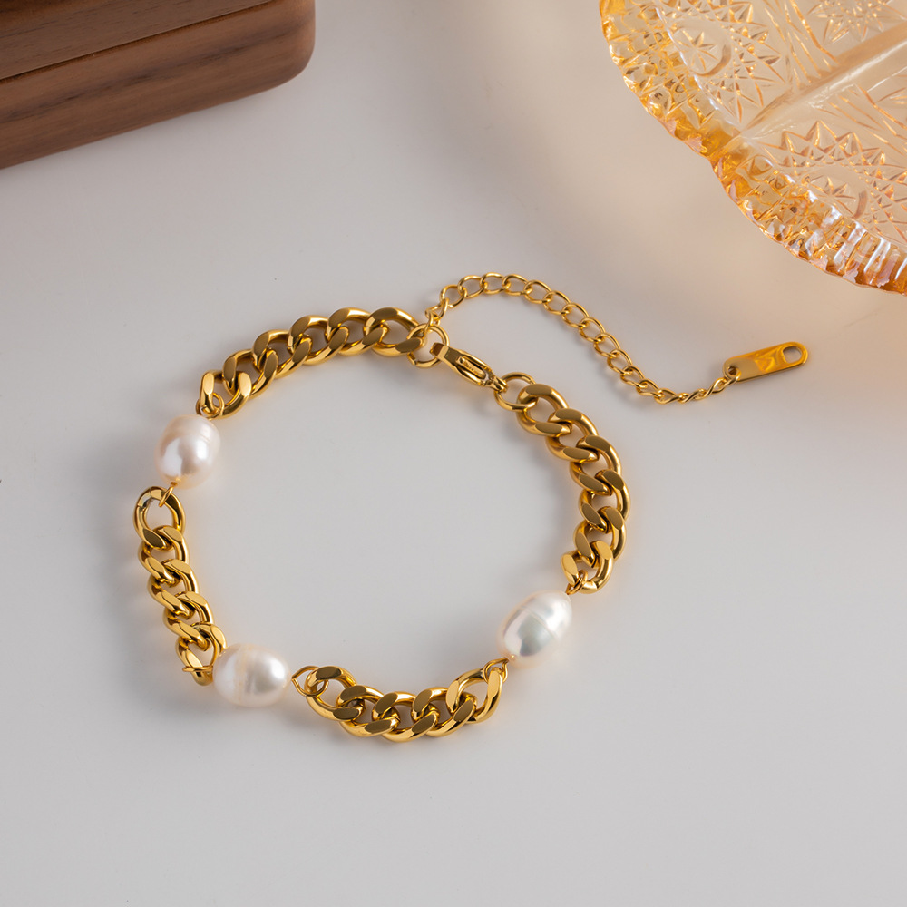 Retro Geometric Stainless Steel Inlay Artificial Pearls Bracelets 1 Piece