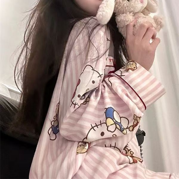 甜美条纹Kitty猫睡衣女春秋季长袖长裤套装学生宿舍 可外穿家居服|undefined