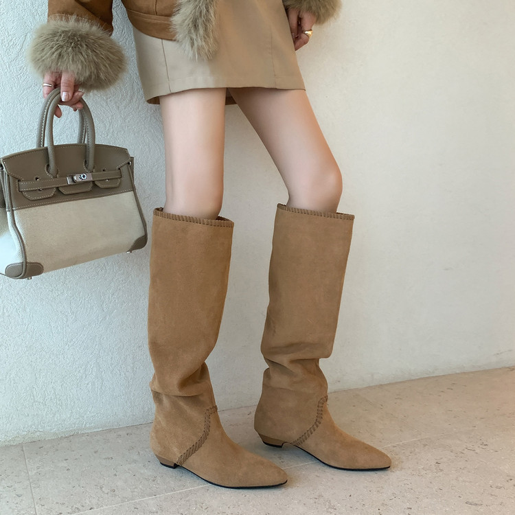 Cowhide Leather Knight Boots for Women, Low Heel Knee-High Boots, New Square-Toed Pointed Toe Slip-On Retro Women's High Boots, Straight Boots