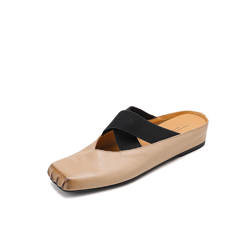 Giày búp bê mũi vuông retro da ngựa, quai sau hở, dép sandal mới hè — đen