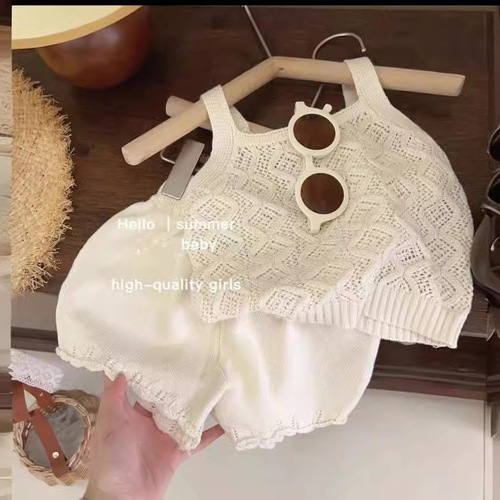 Summer Girls Lace-Top Shorts Knit Set Children's Thin Breathable Two-Piece Set