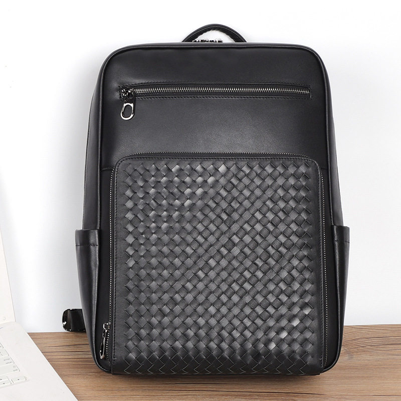 Ba lô nam da bò thật dệt đan, ngăn đựng laptop 15,6 inch, dung tích lớn — Màu đen