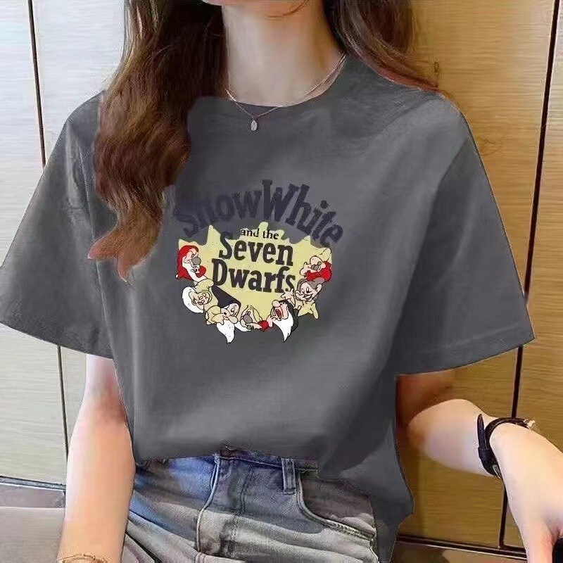 Cotton Short-sleeved T-shirt Women's 2025 New Summer Loose Slimming Round Neck Printed Top White T-shirt All-match plus size