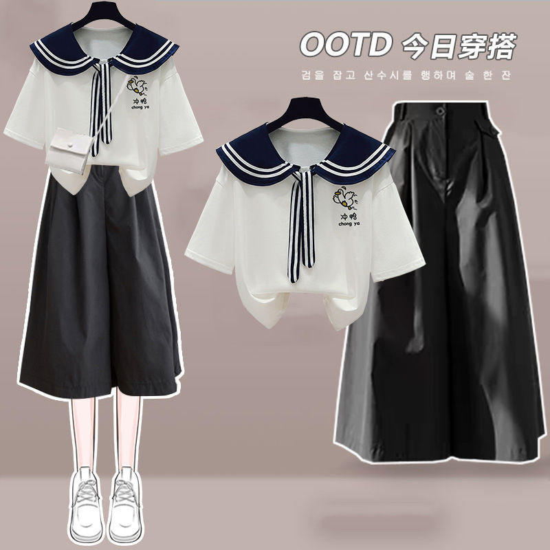 Summer Casual Girl's Navy Doll Collar Pure Cotton Short-Sleeved T-Shirt + Wide-Leg Pants Skirt Female Student Two-Piece Suit