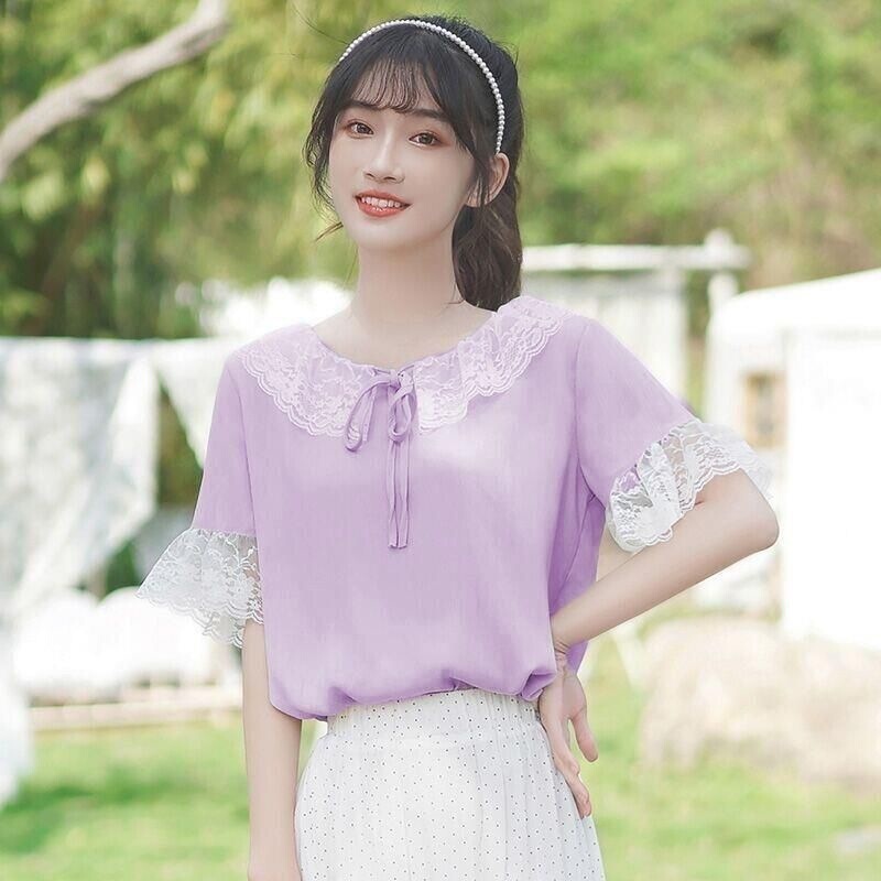 Chiffon Shirt 2023 New Style Solid Color Lace Loose Versatile Stylish Short-Sleeve Women's Light Purple Light Green White Sleeveless