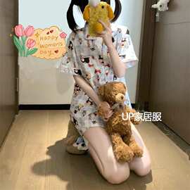 睡衣女夏季企鹅短裤两件套开衫格纹家居服圣诞学生ins风翻领短袖