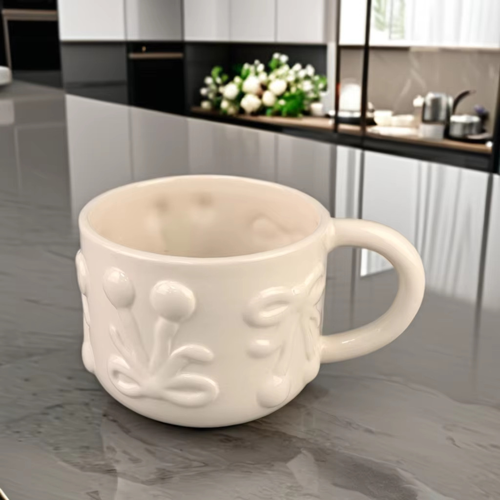 Taza de cerámica con lazo en relieve, estilo ins, leche creativa, fufu, diseño de nicho, lindo color sólido, alto valor