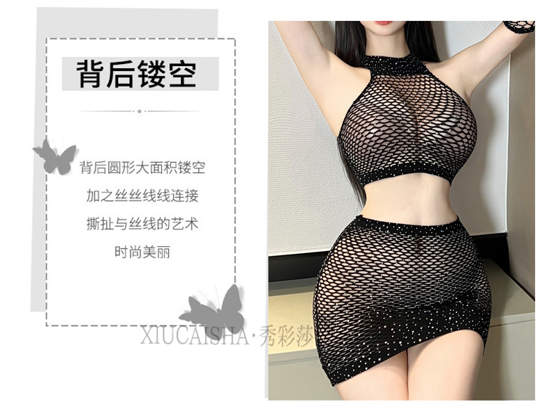 Fishnet Cut-Out Lingerie Set with Rhinestone Detail and Stockings — detail image 9