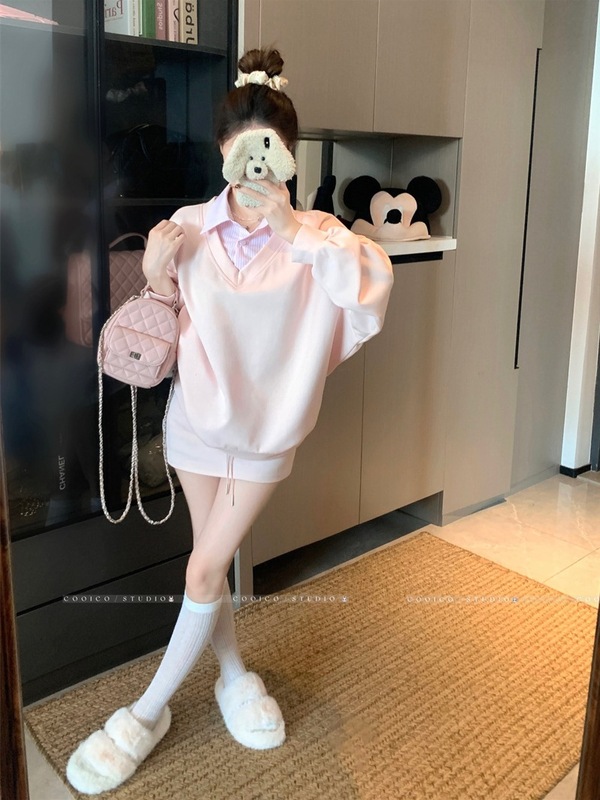 甜美学院风条纹拼接翻领假两件卫衣半身裙女2025秋季新款时尚套装|undefined