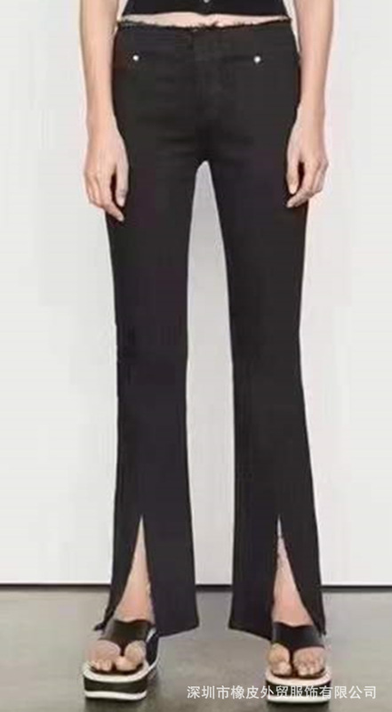 Ladies foreign trade FR * black waist beard leg long high waist wide corner split micro-jeans