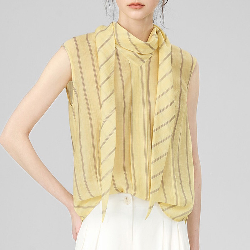 French-Style Lazy Yellow Striped Sleeveless Shirt with a Tie Collar Design, Summer Relaxed Commuter Top