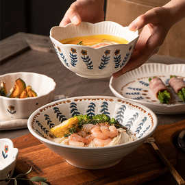 3OBR半房日式复古餐具面碗汤碗饭粗陶碗碟家用盘子花边好看水果沙