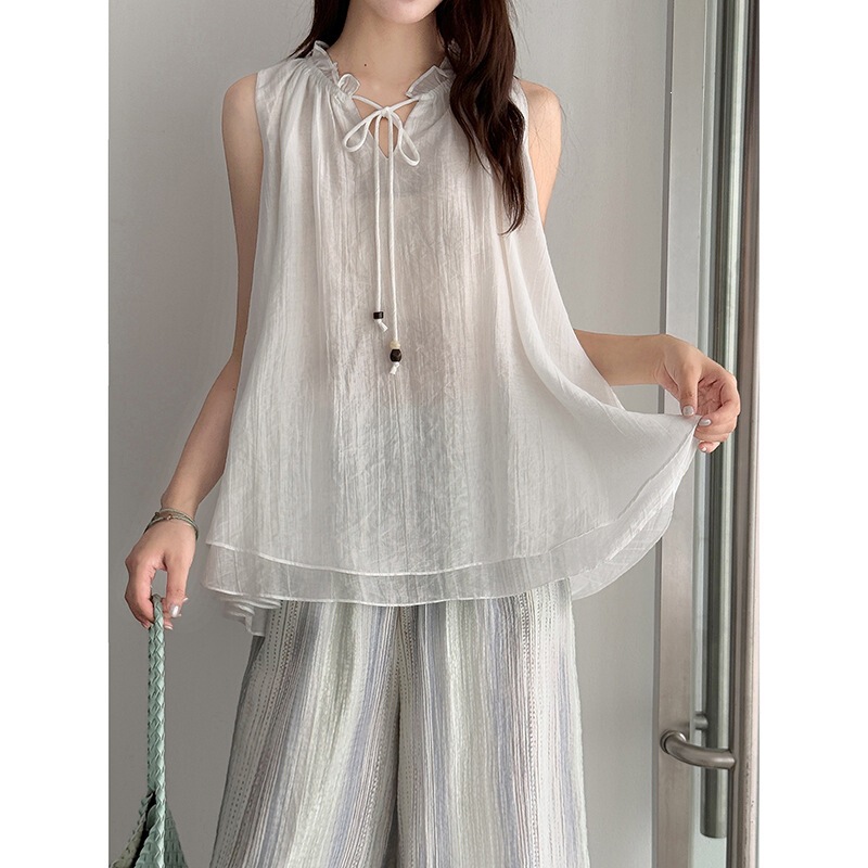 【Sea Salt Light Cream】Geming Lace-Up Ruffled Strap Vest Summer V-Neck Casual Sleeveless Top An314