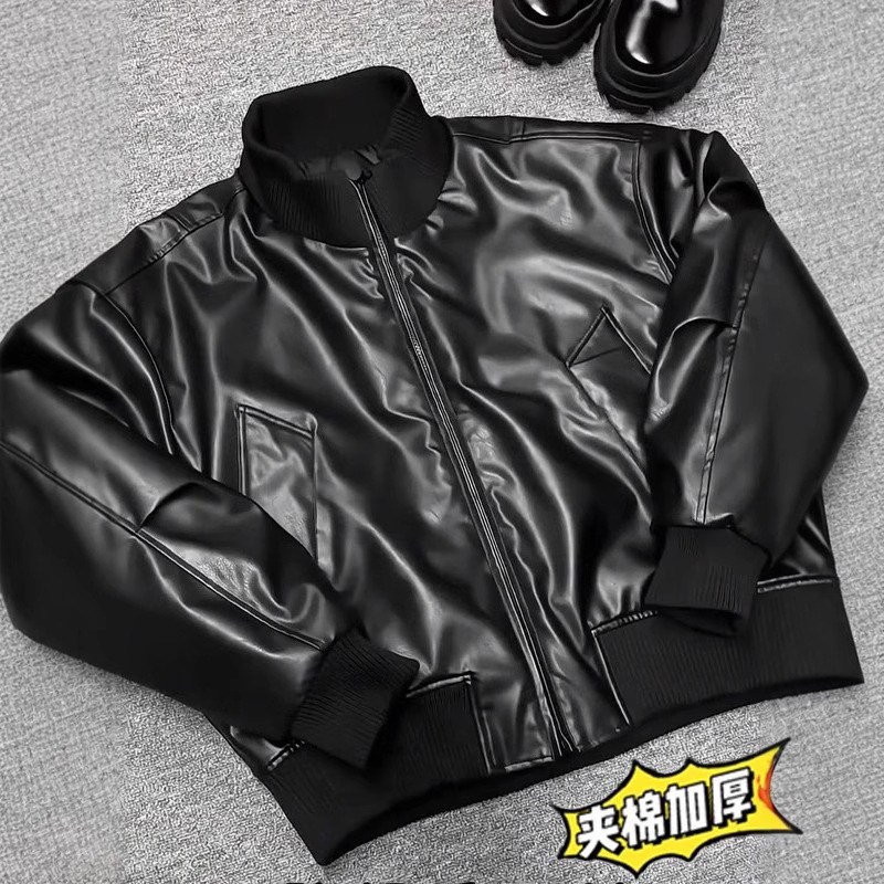 pu leather bomber jacket cotton-padded jacket men's winter thickened short quilted leather jacket stand collar american baseball suit