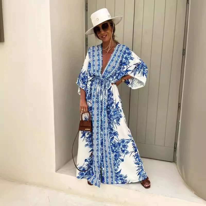Трансграничный экспорт AliExpress 2022, весенне-летнее новое элегантное платье с v-образным вырезом и пуговицами, большая юбка с принтом для женщин
