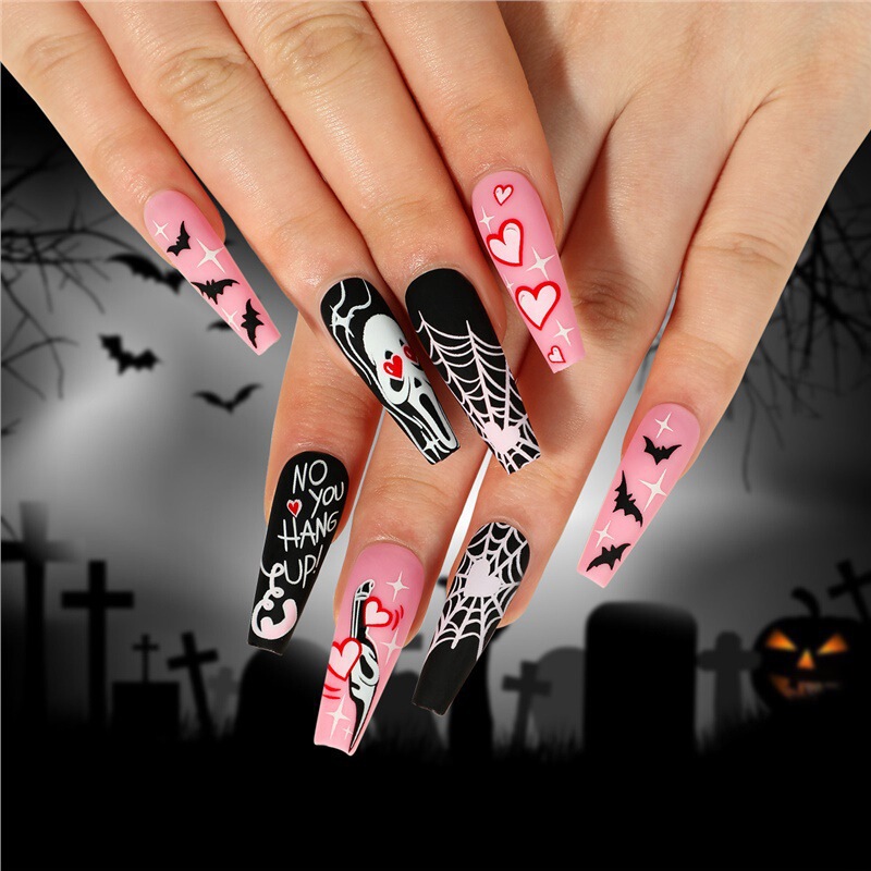 Cross-Border Best-Selling Spider Web and Skull Pattern Artificial Nails in Black and Pink, Suitable for Creating Scary Nails Cross-Border Best-Selling Spider Web and Skull Pattern Artificial Nails in Black and Pink, Suitable for Creating Scary Nails