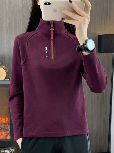 24Rt1022 New Autumn and Winter Versatile Fleece-Lined Women's Long-Sleeved Half-Zip Stand-Up Collar Running Mountaineering Fitness Casual Loose