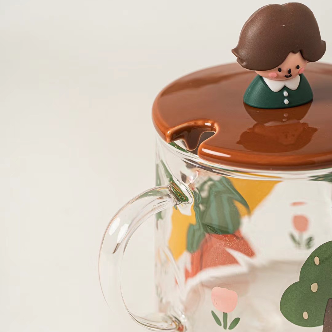 Personalidad creativa niño niña personaje de dibujos animados vidrio regalo lindo taza con tapa cuchara Oficina agua