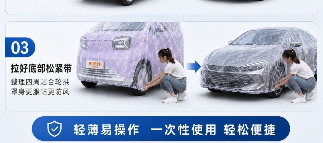 Dustproof car cover made of plastic, suitable for all seasons, fully snowproof outdoor car cover with elastic wrap and disposable drawstring, thickened