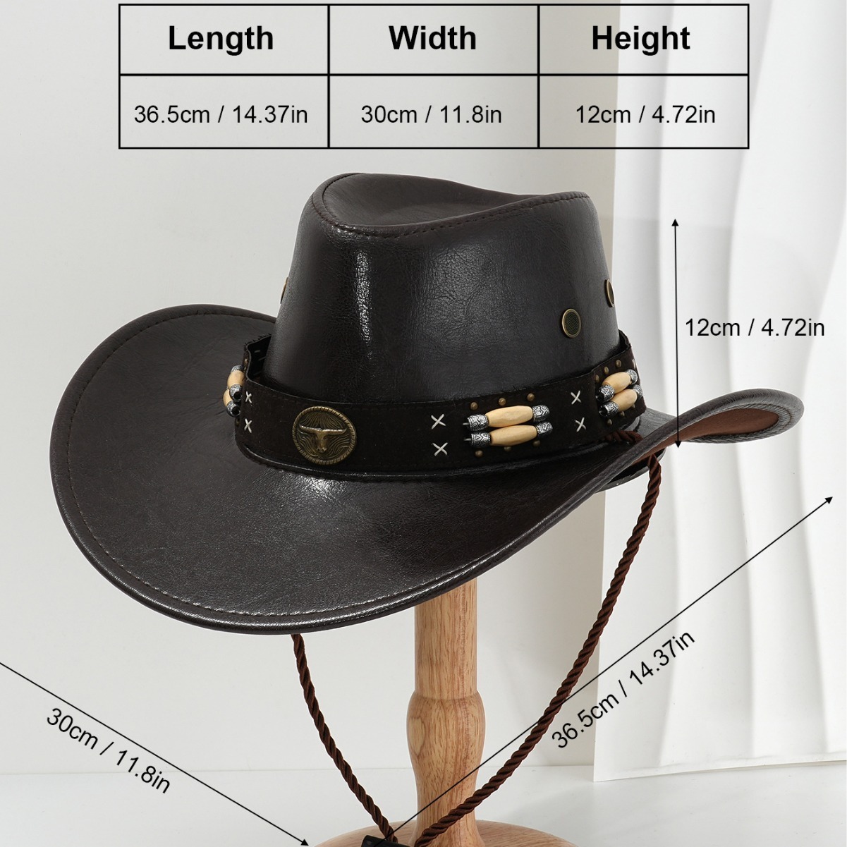 Retro Western Cowboy Hat PU Leather Metal Sun Beaded Heavy Motorcycle Stage Performance Trendy Men's Hat_voghion.com