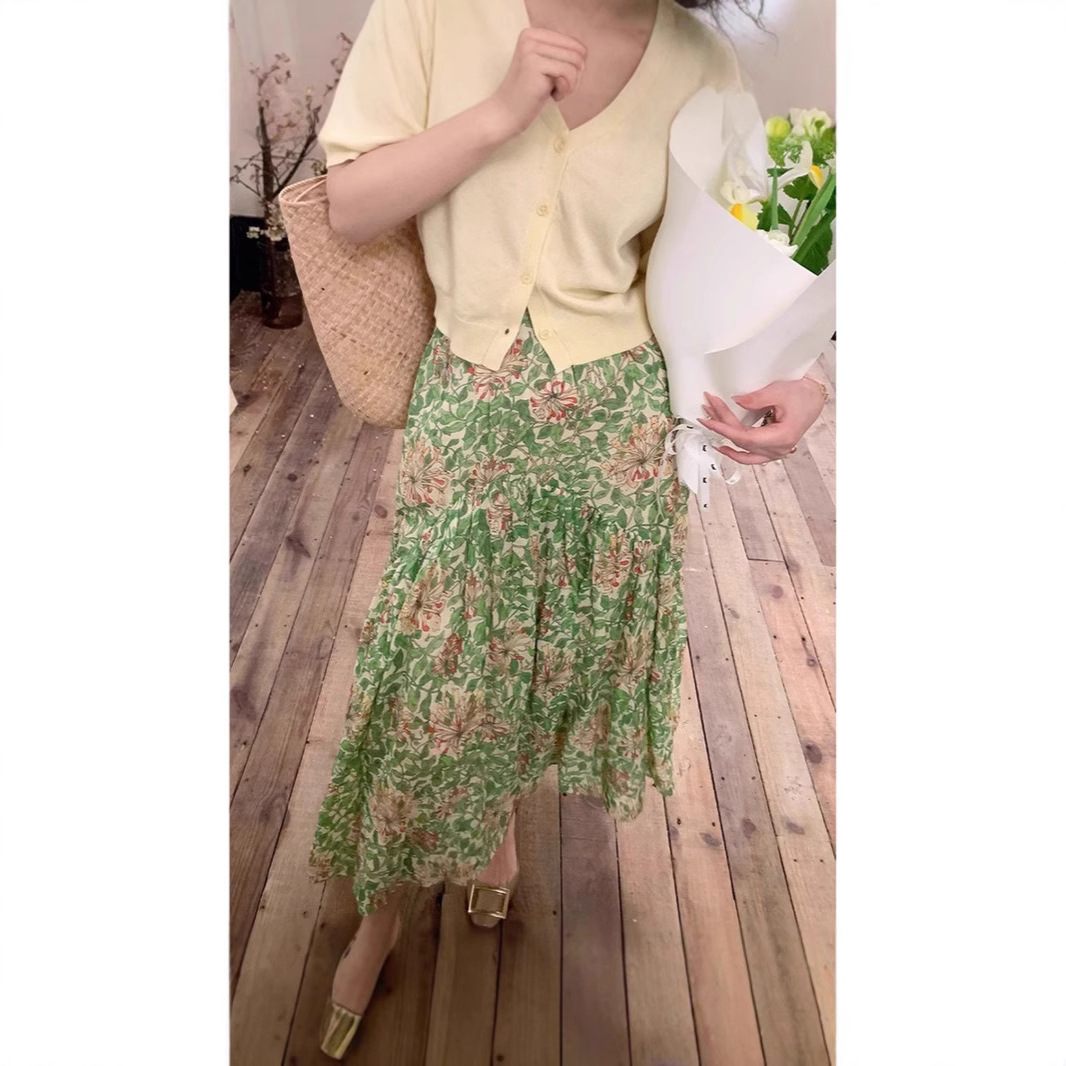 Summer New 100 Ramie Printed Skirt Pastoral Romantic Style Fresh Mid-length Dress