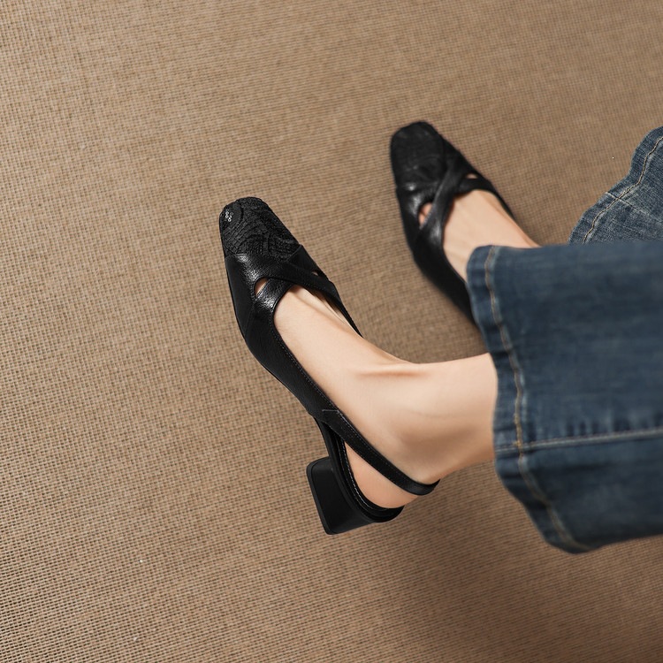 Sandal cao gót nữ hở mũi da cừu lưới phối màu quai ngang khóa — màu đen, màu trắng ngà chi tiết 78