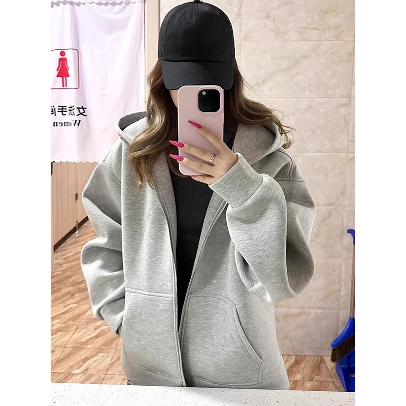 American Retro Gray Sweatshirt Jacket for Women Spring & Fall 2025 New Oversize Relaxed Feeling Lazy Zipper Cardigan