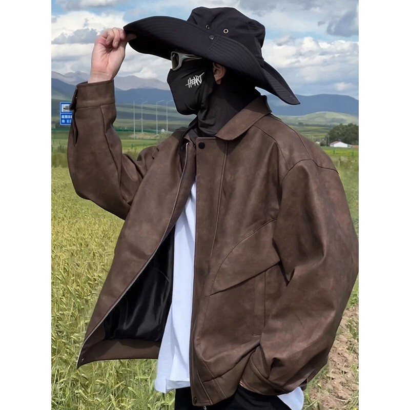 Maillard Coffee-Colored Short Leather Jacket Men's Spring & Fall Waterproof Lapel Work Jacket American Motorcycle Cycling Jacket