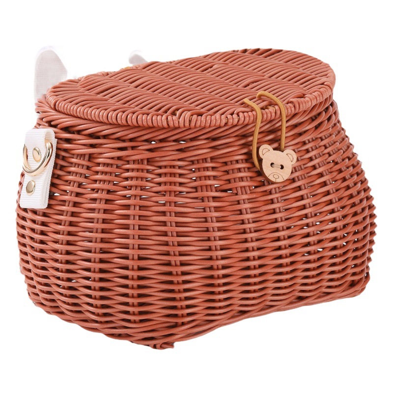 Nuevo estilo de ratán como coche cesta con tapa tejida a mano bolso crossbody mochila niños bolsa de bicicleta cesta frontal almacenamiento