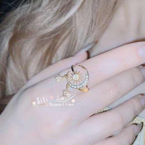 SIsi geometric niche sparkling diamond star and moon open ring gold-plated cool style internet celebrity fashion moonlight ring